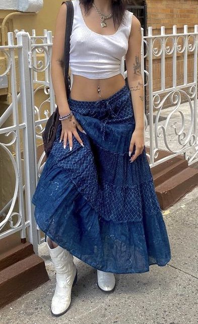 Long Blue Skirt Outfit Aesthetic, Flowy Skirt Aesthetic, Mama Mia Fashion, Greek Holiday Outfits, Pub Crawl Outfit, Mama Mia Costume, Long Flowy Skirt Outfit, Boho Skirt Outfit, Blue Maxi Skirt Outfit