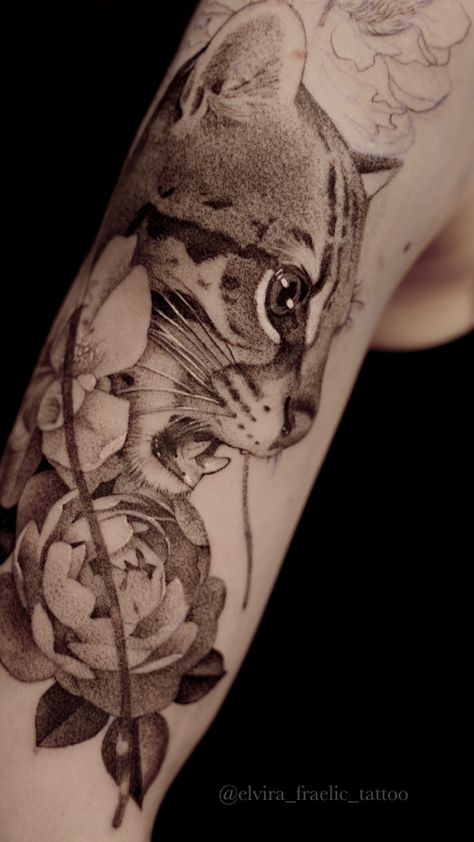 Ocelot cat and flowers black and grey 3rl tattoo Ocelot Tattoo Design, Ocelot Tattoo, 3rl Tattoo, Ocelot Cat, Cat And Flowers, Flowers Black, Cat Tattoo, Black And Grey Tattoos, Black Tattoos