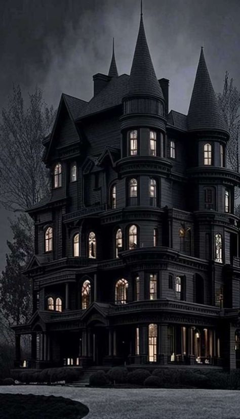 Eerie, Elegant & Mysterious | Facebook Victorian Gothic House Exterior, Gothic Mansion Exterior, All Black Home, Black Victorian House, Black Mansion, Black Home Exterior, Gothic Houses, Victorian Gothic Home Decor, Monster Pizza