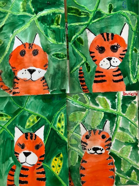 Tiger Paintings, Grade 1 Art, Kindergarten Drawing, Elementary Art Rooms, Animal Art Projects, Tiger Drawing, Tiger Painting, Jungle Art, Kids Watercolor