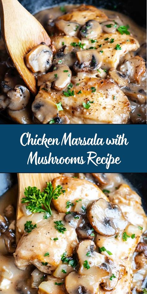 Chicken Marsala with Mushrooms is a classic Italian-American dish featuring tender chicken breasts, a rich Marsala wine sauce, and earthy mushrooms. This elegant yet approachable recipe is perfect for family dinners, date nights, or even entertaining guests. Chicken Marsala With Mushrooms, Chicken Mushroom Marsala, Cheesy Baked Chicken, Steamed Green Beans, Marsala Wine, Chicken Marsala, Tender Chicken Breast, American Dishes, Seafood Soup