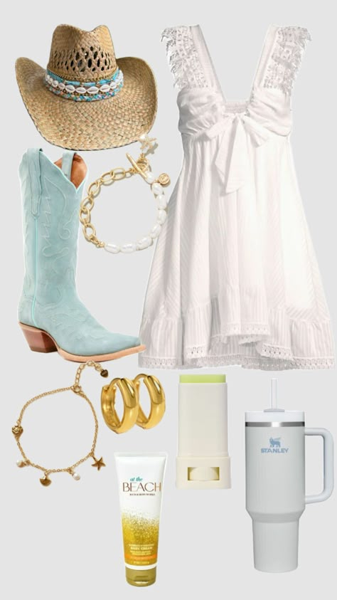 coastal cowgirl aesthetic outfit White Sundress Outfit, Cowgirl Aesthetic Outfit, Zach Bryan Outfits, Cowgirl Bid Day, Tyler Childers Concert, Country Inspired Outfits, Megan Moroney Concert, Tim Mcgraw Concert, Boots And Hearts