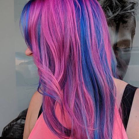 Pink And Blue Streaks In Hair, Pink Hair With Blue Streaks, Pink Hair Blue Highlights, Pink Hair With Blue Highlights, Blue Hair With Pink Highlights, Pink And Blue Hair Streaks, Pink And Blue Hair Ideas, Pink Purple Blue Hair, Blue Pink Hair