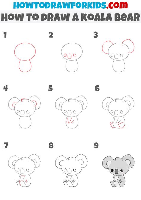 Draw Koala Easy, Kola Drawings Easy, Kola Bear Drawing, How To Draw A Koala Step By Step, How To Draw A Koala, Koala Bear Drawing, Koala Drawing Easy, Koala Doodle, Cute Koala Drawing