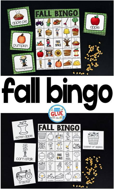 Play Bingo with your elementary age students for a fun fall themed game! Perfect for large groups in your classroom or small review groups. Add this to your fall party with 30 unique fall Bingo boards or end of year celebration with your students! Teaching cards are also included in this fun game for young children! Black and white options available to save your color ink. Fall Bingo, Fall Centers, Fall Harvest Party, Fall Games, Fall Kindergarten, Back To School Night, Harvest Party, Fall Fest, Fall Preschool