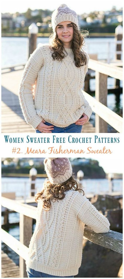 Meara Fisherman Cabled Sweater Crochet Free Pattern - Fall Winter Women #Sweater; Free #Crochet; Pattern Crochet Pattern Womens Sweater, Crochet Jumper Pattern Women, Cable Knit Crochet Sweater, Cable Crochet Sweater Pattern Free, Cable Crochet Sweater Pattern, Fisherman Sweater Crochet Pattern, Cable Sweater Crochet Pattern, Rory Gilmore Sweater Crochet Pattern, Pullover Sweater Crochet Pattern Free