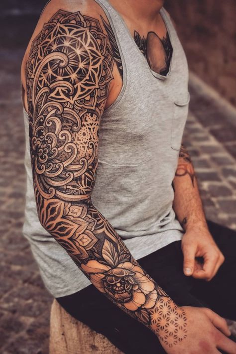 Credit to; 6rilink Ornamental Mandala Tattoo, Mandala Arm Tattoos, Mandala Tattoo Men, Arm Tattoo Designs, Tattoo Sleeve Filler, Ornamental Mandala, Mandala Hand Tattoos, Mandala Tattoo Sleeve, Mandala Tattoos