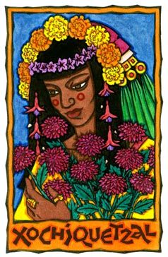 Xochiquetzal, Aztec Goddess of Flowers and the Creative Arts by Thalia Took Embroider your life with beauty. Aztec Goddess, Goddess Of Flowers, Aztec Gods, Art Chicano, Latino Art, Pagan Goddess, Aztec Culture, Aztec Art, Sacred Feminine