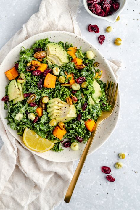 Sweet Potato Kale Salad, Salad With Dried Cranberries, Potato Kale Salad, Kale Sweet Potato Salad, Roasted Sweet Potato Cubes, Salad Lunch, Sweet Potato Kale, Cubed Sweet Potatoes, Shredded Brussel Sprouts