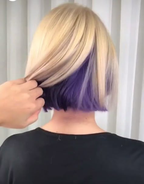 Short Hair Colored Underneath, Short Hair With Under Color, Blonde Bob With Peekaboo Color, Short Blonde Purple Hair, Rainbow Hair Color Short Pixie, Blonde Hair With Under Color, Hidden Hair Color Blondes, Purple And Blonde Short Hair, Purple Underdye Hair Blonde