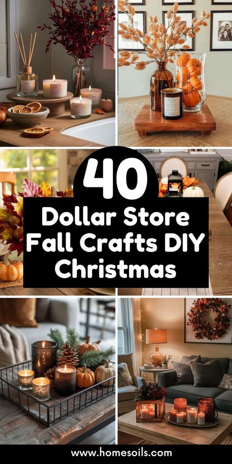 Explore 40 Dollar Store fall craft ideas that can easily be transformed into DIY Christmas decorations. From wreaths to ornaments, these budget-friendly projects help you create seasonal décor with a festive twist. Click here for creative ideas and step-by-step instructions! Fall Decor Diy Crafts Dollar Stores, Dollar Store Holiday Crafts, Dollar General Crafts, Fall Decor Diy Dollar Tree, Dollar Tree Xmas Crafts, Diy Fall Decorations Dollar Store, Fall Dollar Tree Crafts, Dollar Store Fall Crafts, Dollar Store Decorations