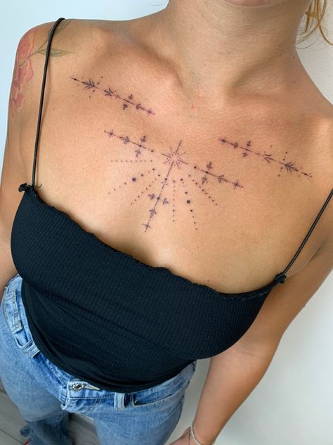 Line Work Chest Tattoo, Collar Bone Chest Tattoo Female, Woman Chest Tattoo Ideas, Constellation Chest Tattoo, Between Chest Tattoo, Fine Line Chest Tattoo Female, Chest Bone Tattoo, Small Upper Chest Tattoos For Women, Minimalist Chest Tattoo Female