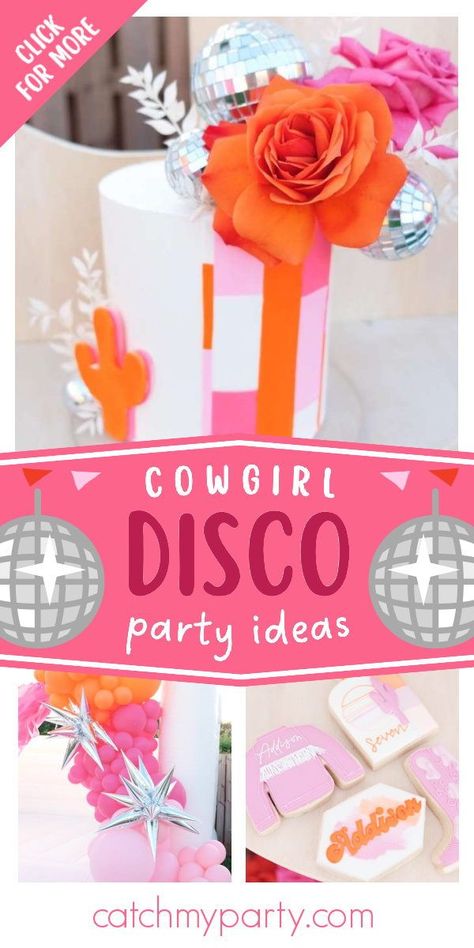 Check out this fab cowgirl disco birthday party! Love the cake and cookies! See more party ideas and share yours at CatchMyParty.com Disco Cowgirl Cake Ideas, Disco Cowgirl 1st Birthday Party, Lets Go Girls Birthday Party, Let’s Go Girls Birthday Party, Western Girl Birthday Party, Disco Cowgirl Cake, Cowgirl Party Games, Cowgirl Party Food, Disco Cowgirl Birthday Party