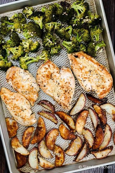 Garlicky Chicken, Broccoli And Potatoes, Hunger Pangs, Roasted Chicken And Potatoes, Slender Kitchen, Sheet Pan Dinners Chicken, Chicken And Potatoes, Weight Watchers Chicken, Chicken Potatoes