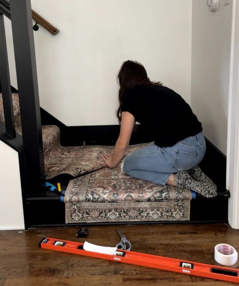 How to Install a Stair Runner (Step-by-Step Tutorial) | Our Aesthetic Abode How To Install Stair Runner With Landing, Diy Stair Runner With Landing, Kitchen Paint Colors With Cherry, Stairway Makeover, How To Lay Carpet, Split Entry Remodel, Diy Staircase Makeover, Stair Runner Installation, White Wall Paneling