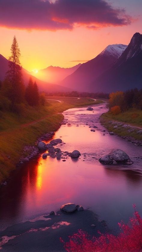 Beatiful sunset between mountains with cute river, wallpaper, beatiful nature Mountains At Sunset, Sunsets In The Mountains, River Wallpaper Aesthetic, Beautiful Sunset Mountains, Mountain River Painting, Sunset And Mountains, Mountain Sunset Painting, Sunset Over Mountains, Mountain Sunsets