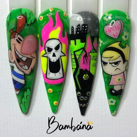 Grim Adventures Of Billy And Mandy Nails, Billy And Mandy Nails, Cartoon Network Nails, Nail Art Characters, Invader Zim Nails, 90s Cartoon Nails Acrylic, Bandana Nails, Nails Cartoon, Cartoon Nail Designs