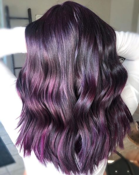 Purple Balayage Highlights for Black Hair Purple Highlights For Instagram, Streaks For Black Hair, Dark Hair With Purple, Black With Purple Highlights, Dark Purple Highlights, Violet Highlights, Hair With Purple, Purple Brown Hair, Interesting Hairstyles