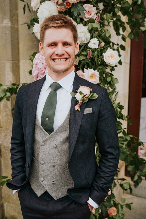 Groom Suit Navy Green Tie Grey Waistcoat Limepark Wedding Sheena T Photography #wedding #weddingsuit Navy Suit Waistcoat, Groom Style Grey Suit, Navy And Green Suit, Navy Suit Green Tie, Limepark Wedding, Navy Suit Grey Waistcoat, Tweed Groom Suit, Tweed Groom, Groom Suit Navy