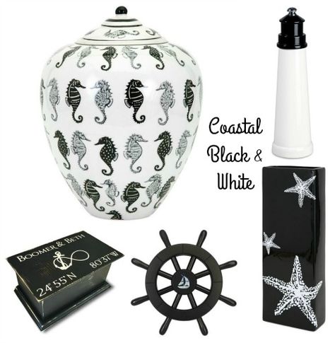 Coastal Black and White Decor Accessories Black And White Beach House Bedroom, Coastal Bedroom With Black Furniture, Black And White Beach House Decor, Black And White Beach Decor, Black Coastal Decor, White Decor Pillows, Black And White Coastal Decor, Coastal Black And White, Black And White Beach House