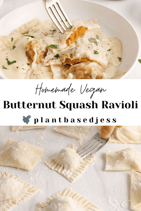 Homemade Vegan Butternut Squash Ravioli - Plant Based Jess Sauce For Butternut Squash Ravioli Simple, Gluten Free Butternut Squash Ravioli, Vegan Ravioli Sauce, Plant Based Ravioli, Homemade Vegan Ravioli, Vegan Ravioli Recipe, Vegan Butternut Squash Pasta Sauce, Butternut Squash Ravioli Vegan, Vegan Ravioli Filling