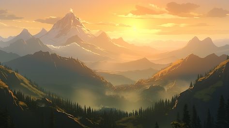 isualize a breathtaking anime morning scenery set in the mountains. The scene is shrouded in mist, creating an ethereal and mystical atmosphere. The sun is just about to rise, casting a soft golden glow that bathes the landscape. Majestic mountains rise in the distance, their peaks partially obscured by the mist. Delicate rays of sunlight penetrate through the mist, creating a captivating and enchanting effect. The scenery should evoke a sense of tranquility, beauty, Anime Morning Scenery, Anime Morning, Morning Scenery, Pc Wallpapers, Majestic Mountains, Mountain Scene, Golden Glow, The Mist, Drawing Skills