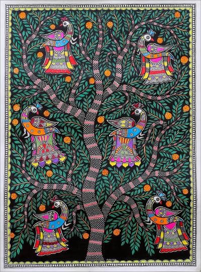 Signed Colorful Madhubani Painting of a Tree from India - Tree of Life IV | NOVICA Madhubani Tree, Painting Of A Tree, Mediterranean Paintings, Tree Of Life Painting, Gond Painting, Painting Styles, Kalamkari Painting, Indian Painting, Madhubani Art