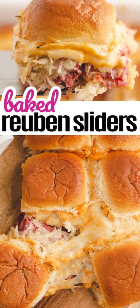 Close up on baked Reuben slider. Layers of corned beef, sauerkraut, Swiss cheese, and thousand island on a Hawaiian sweet roll. Also a top down image of all the sliders on a cutting board with melty cheese pull. St Patrick’s Day Sandwiches, Irish Sliders St Patrick's Day, St Patrick’s Day Sliders, St Patty Meal Ideas, St Patrick's Day Meal, Saint Patrick's Day Food Ideas, Saint Patricks Party Food, Easy St Pattys Day Appetizers, St Patty Appetizer