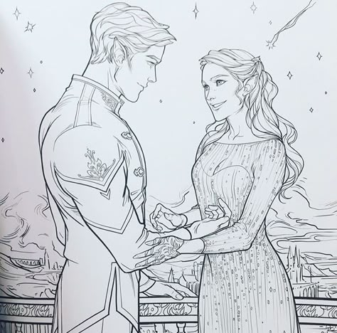 Feyre Darling and Rhysand during Starfall Dust hitting Feyre in the face then after laughing and staring deeply into each others eyes, bluish greenish star dust falls on Rhysand and they both burst laughing. Feyre Smiles, truly smiles at him and he asked her to smile again. And she does because she painted once again, for the first time. For him. MY BABIES DESERVE SO MUCH MORE ACOMAF coloring book ACOTAR ACOWAR Sarah J. Maas Charlie Bowater Acotar Coloring Book, Charlie Bowater, Feyre Darling, Feyre And Rhysand, Star Dust, A Court Of Wings And Ruin, Sarah J Maas Books, A Court Of Mist And Fury, Disney Coloring Pages