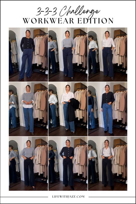 3-3-3 Challenge: Workwear Edition - LIFE WITH JAZZ Navy Trousers Outfit, Life With Jazz, Outfit Ideas Work, J Crew Boots, Work Outfit Ideas, Classic Capsule Wardrobe, Gray Cashmere Sweater, Blue Jean Outfits, Outfit Work