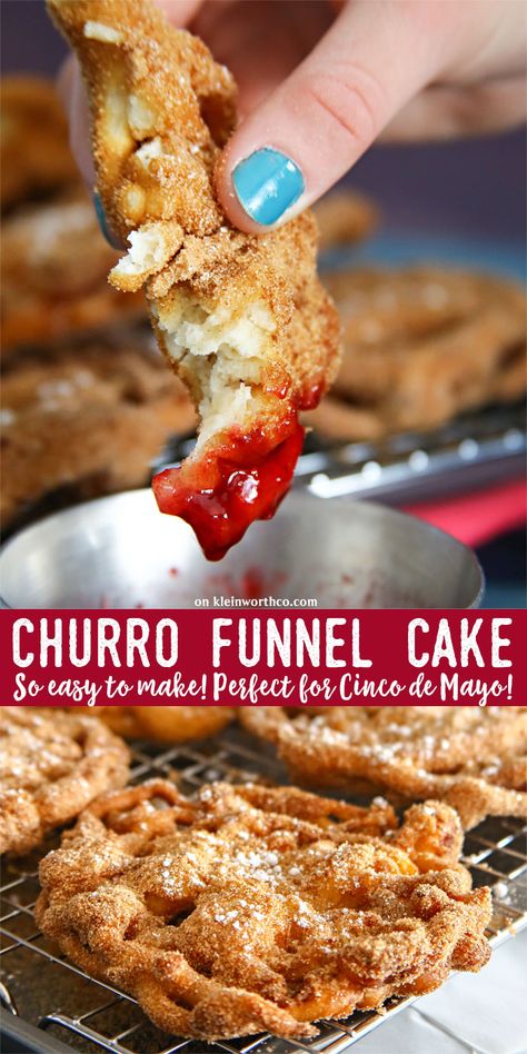 Easy Churro Funnel Cake is the perfect blend of carnival & theme park food & awesome Cinco de Mayo dessert recipes. You can't go wrong with cinnamon treats! via @KleinworthCo Theme Park Food, Cinnamon Treats, Funnel Cake Recipe Easy, Funnel Cake Bites, Funnel Cake Fries, Funnel Cake Recipe, Funnel Cakes, Cake Cafe, Carnival Food