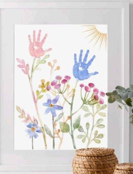 Painting With Handprints, Handprint Garden Art, Baby Hand Painting Ideas, Art Projects For 1 Year, Hand Impression Painting, Kids Hand Print Art, Hand Print Pottery Ideas, Baby Art Ideas, Hand Print Wall Art