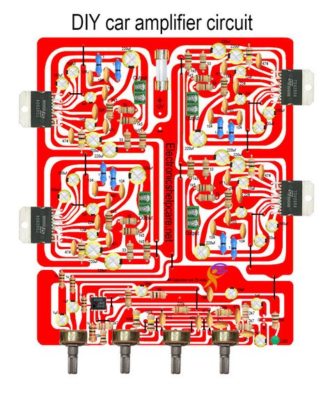 This is the DIY car amplifier circuit diagram for the car audio. here use TDA2004 this IC can make 10+10 watts. Amplifier Circuit Diagram, Diy Amplifier, Speaker Projects, Car Audio Amplifier, House Wiring, Make 10, Class D Amplifier, Car Amplifier, Sound Boxes