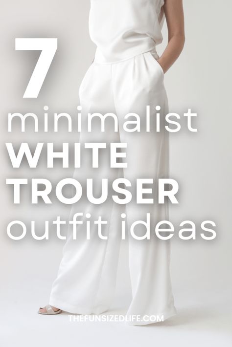 Need outfit ideas for your white wide leg trousers? Here are the top styling ideas from Pinterest for your minimalist wardrobe. Winter White Wide Leg Pants Outfit, White Top And Trousers Outfit, White Dress Pants Outfit Classy, White Wide Leg Pants Outfit Casual, Wide White Pants Outfit, White Wide Leg Pants Outfit Winter, White Wide Leg Trousers Outfit, White Trousers Outfit Winter, White Trousers Outfit Classy