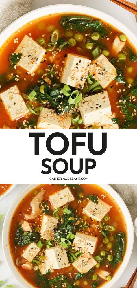 Easy Tofu Soup Crunchy Veggies, Tofu Soup, Healthy Lunches For Work, High Protein Vegetarian Recipes, Soup Dish, Easy Healthy Lunches, Easy Soup, Protein Recipes, Healthy Work