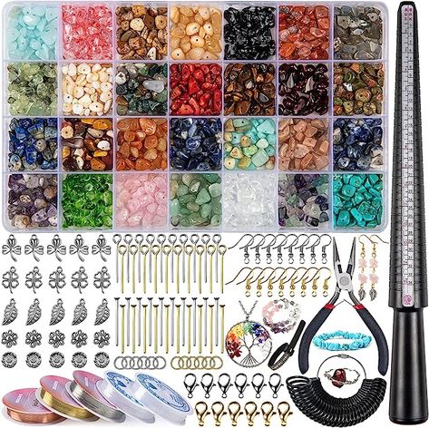 DIY Necklace Bracelet Earing Making Kit includes: approx.1 box of 28 different colors of natural gemstones, 5 different metal pendant（50Pcs), 210Pcs metal accessories, 5 rolls of elastic thread, 1 black pliers, 1 ring sizer mandrel, 1 ring sizer gauge set, 1finger size gauge. Multicolor crystals for jewelry making, professionally polished, This is a great starter kit for jewelry making. Friendship Bracelet Kit, Lomo Card, Earring Kit, Jewelry Making Kits, Jewelry Making Kit, Ring Earring, Crystal Jewellery, How To Make Rings, Jewelry Making Tools