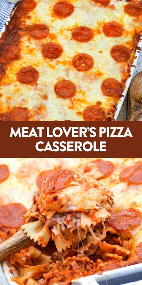 Meat lovers pizza casserole turns everyone’s favorite pizza into a delicious, hearty baked pasta dish. Full of sausage, beef, pepperoni, and ham, this cheesy pasta will be a hit each time you serve it! #pizza #casserole #dinner 3 Meat Pizza Casserole, Meat Lover Pizza Casserole, Meat Lovers Pasta, Meat Lovers Pizza Casserole, Pizza Pasta Bake Recipes, Pizza Casserole Recipe, Beef Pepperoni, Pizza Pasta Casserole, Pizza Pasta Bake