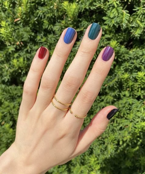 Color Combination Nails Polish, Nail Polish Multiple Colors, Red And Purple Nails Color Combos, Short Nails Multi Color, Multicolour Nails Color Combos, Each Nail Different Color Shades, Multicolored Nails Winter, Nails Different Colors Each Finger, Each Nail Different Color