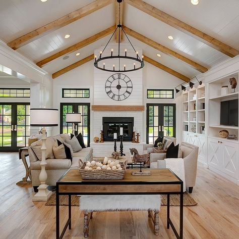 Kitchen Open Concept, White Brick Fireplace, Vaulted Ceiling Living Room, Shiplap Fireplace, Modern Farmhouse Living, Modern Farmhouse Home, Modern Farmhouse Living Room, Farmhouse Interior, Farmhouse Homes