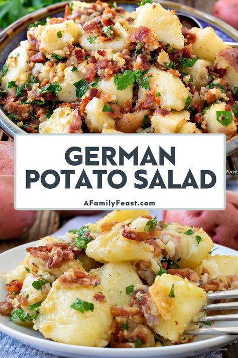 German Potato Salad - A Family Feast Best German Potato Salad, Warm German Potato Salad, German Salads, Potato Salad With Bacon, Warm Potato Salad, German Potato Salad Recipe, Warm Potato Salads, Red Potato Salad, Bacon Potato Salad