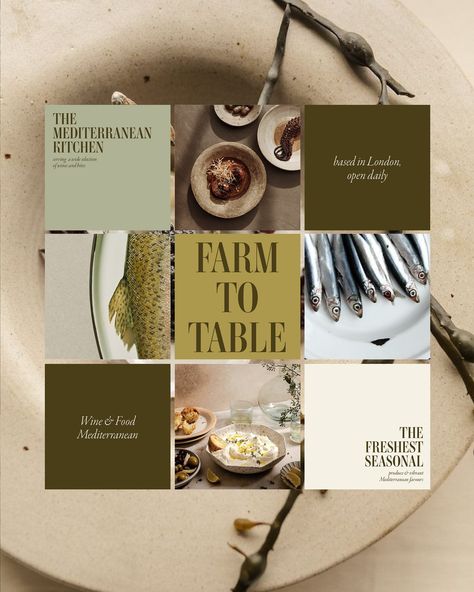 Farm to table is a shared dining experience nestled in London. Dishes are inspired by the Mediterranean kitchen. The restaurant is looking for a new brand identity that showcases their unique dishes. #modernbrieffarmtotable #branding #brandinginspiration #brandingagency #brandingstudio #brandingstrategy #restaurantbranding #brandingdesign #foodbranding #brandingstudio #mediterranean #fresh #graphicdesign #brief #challenge #restaurant #logodesigner #designer #design #graphicdesigncommunity #c... Catering Graphic Design, Food Blog Branding, Mediterranean Restaurant Branding, Fine Dining Branding, Table Layout Design, Kitchen Graphic Design, Mediterranean Branding, Gourmet Branding, Catering Branding