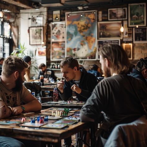 Board Game Cafe: Friends gathered in a cozy cafe, engrossed in a strategic board game surrounded by eclectic decor. #cafe #friends #boardgame #concentration #coffee #aiart #aiphoto #stockcake ⬇️ Download and 📝 Prompt 👉 https://ayr.app/l/RUY4 Board Games Photoshoot, Board Games Aesthetic, Games Cafe, Board Game Bar, Cafe Friends, Free Board Games, Bord Games, Cafe Photography, Liquid Sky