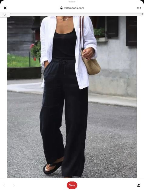 Black Linen Pants Outfit Summer, Wide Leg Linen Pants Outfit, Wide Leg Pants Outfit Ideas, Black Wide Leg Pants Outfit, Linen Trousers Outfit, Linen Pants Outfit Summer, Wide Pants Outfit, Wide Leg Trousers Outfit, Pants Outfit Ideas