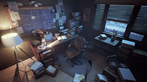 Ubisoft Toronto NXT showcase 2016_The Detective's office, Le Zhang on ArtStation at https://www.artstation.com/artwork/2yraY Office Concept Art, Detective Room, Noir Office, Detective Office, Noir Detective, Office Concept, Detective Game, Detective Aesthetic, Art Noir