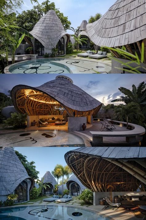 The Bandido Bali complex features two unique houses that offer a distinct experience in design, communication, culture, and architecture. Modern structures often lack a connection to nature and can feel uninspiring and rigid, but these houses aim to break away from conventional box-like designs to create an alternative way of living. By challenging established norms and using architecture to inspire, the project creates an environment where tradition and contemporary styles blend seamlessly, Balinese Architecture, Bali Architecture, Lodge Design, Bamboo Architecture, Architecture Modern, Bamboo Art, Architecture Model Making, Unique Houses, Civil Engineering