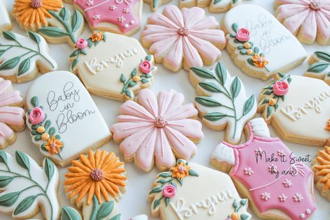 2 Dozen Baby Girl Shower Cookies baby in Bloom Theme Customizable Wording and Colors - Etsy Flowers In Bloom Baby Shower Theme, Baby In Bloom Decorated Cookies, Love In Bloom Cookies, Love Is In Bloom Cookies, Blooming Baby Shower Theme, Flower Baby Shower Cookies, Baby In Bloom Sugar Cookies, Wildflower Baby Shower Cookies, Baby Shower Cookies For Girl