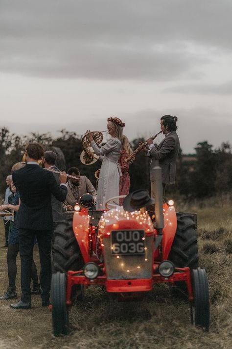 Music parade on tractor at wedding by Lauren Knuckey Photography Vintage Tractor Wedding, Wedding Tractor, Tractor Wedding, Crown For Bride, Country House Wedding, Country Theme Wedding, Garden Games, Country Theme, Vintage Wedding Dress