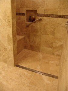 Large shower tiles and linear drain Accessible Bathroom Design, Bathroom Construction, Ada Bathroom, Accessible Bathroom, Bathroom Wall Shelves, Shower Drains, Bathroom Shower Tile, Bathroom Remodel Shower, Shower Drain