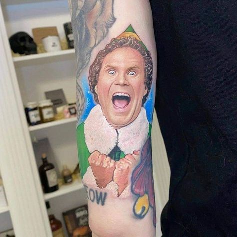 Elf Tattoo, Oz Tattoo, Buddy Elf, Realism Portrait, Birthday Tattoo, Movie Tattoo, Christmas Tattoo, Movie Tattoos, Buddy The Elf