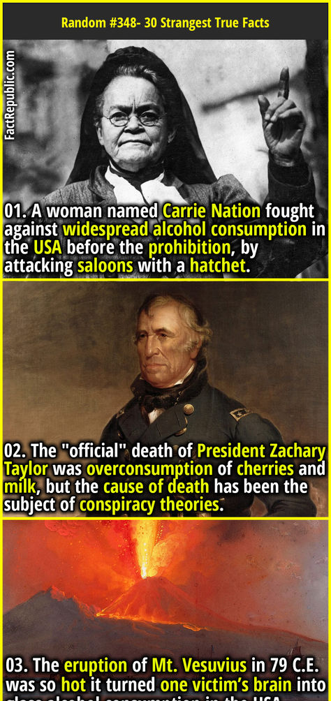 01. A woman named Carrie Nation fought against widespread alcohol consumption in the USA before the prohibition, by attacking saloons with a hatchet. History Facts Tumblr, Carrie Nation, Creepy History, Zachary Taylor, Fact Republic, Alcohol Consumption, Scary Facts, History Nerd, Random Facts